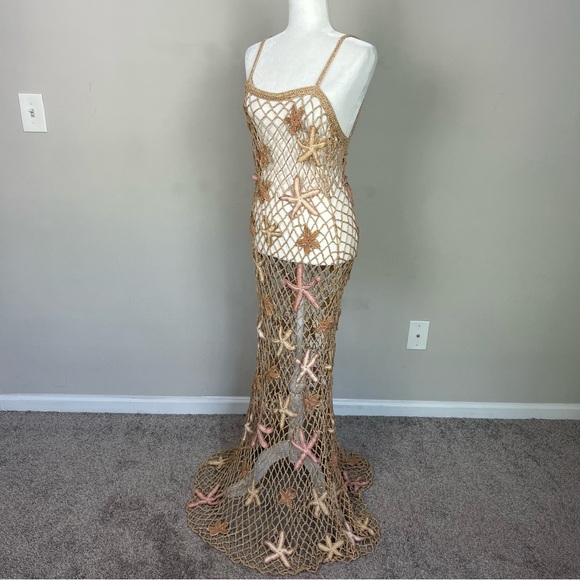 RETROFETE SERAFINA OPEN CROCHET STARFISH MAXI DRESS SIZE M/L IN ALMOND LUREX - Picture 15 of 17